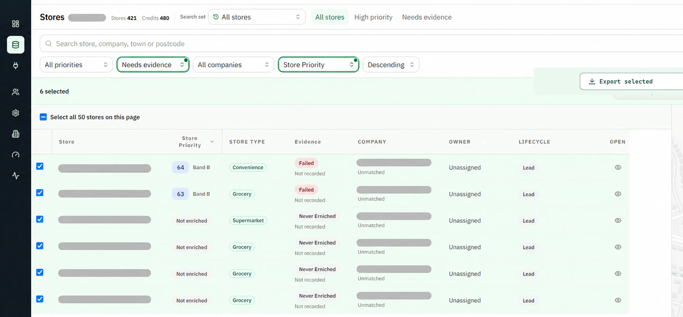 StoreScoutAI Stores list with selected stores and Export selected control ready for hand-off