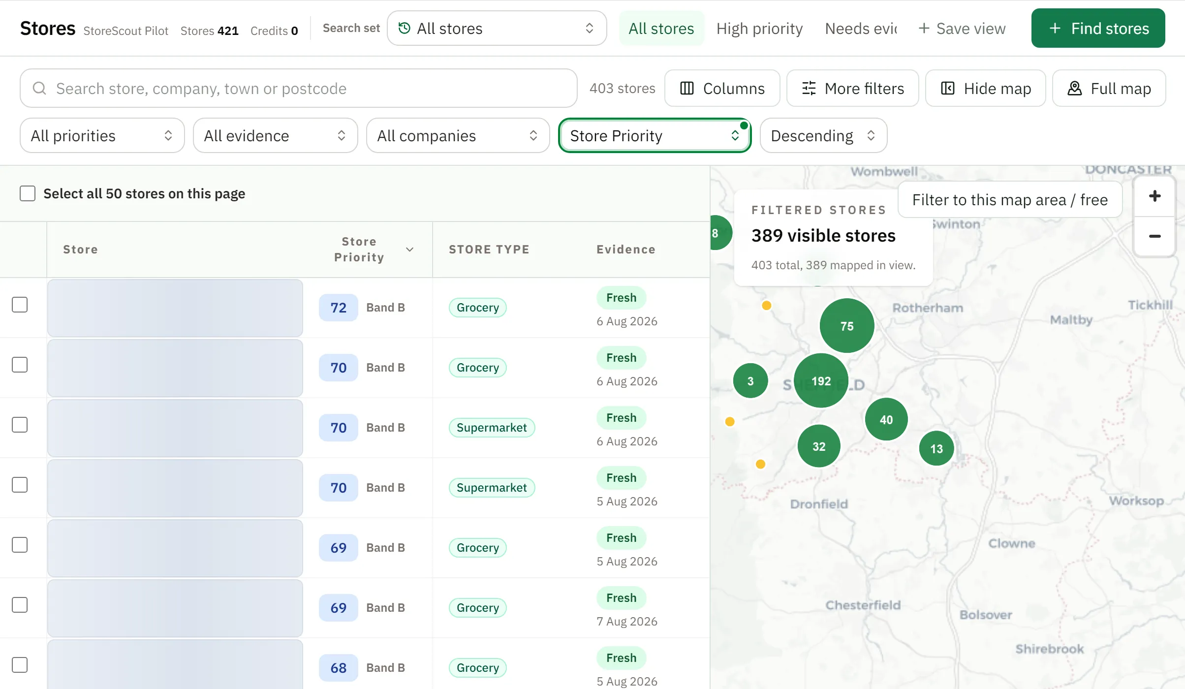 StoreScoutAI ranked territory view for Recycling suppliers