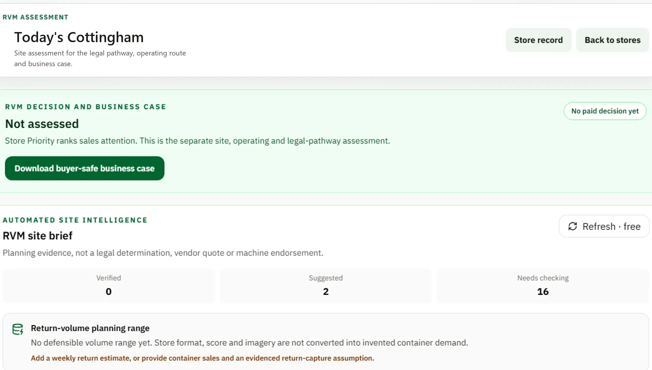 StoreScoutAI RVM Decision and business case screen showing the RVM site brief and Decision-changing checks
